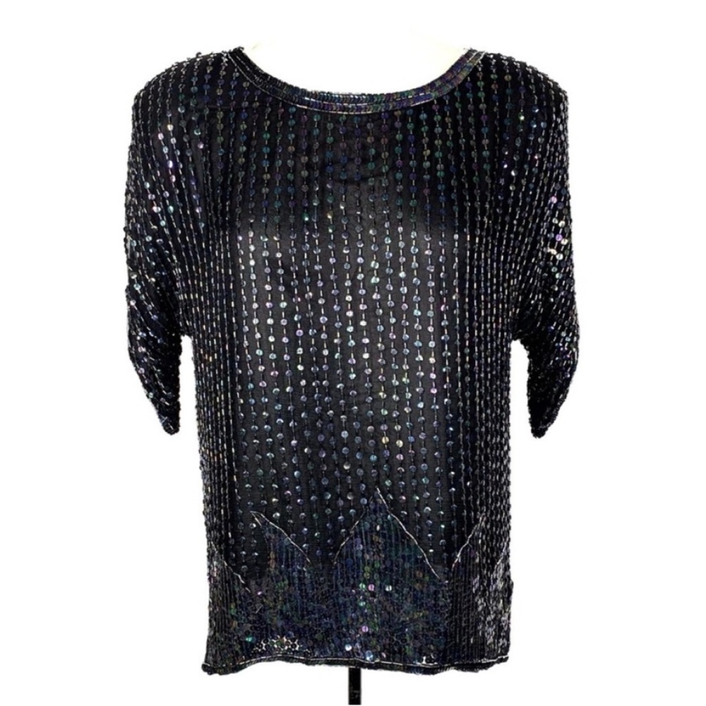 LAST CHANCE! Vintage 80s Black Sequined Silk Evening Blouse